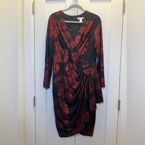 London Times W Black Red Metallic Floral Ruched Wrap Dress Size 14 – Worn Once
